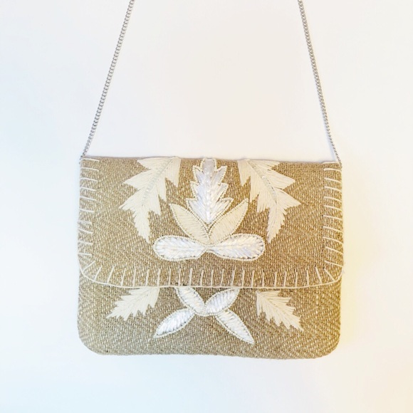 Charming Charlie Handbags - CHARMING CHARLIE WOVEN BEADED CREAM ENVELOPE BAG